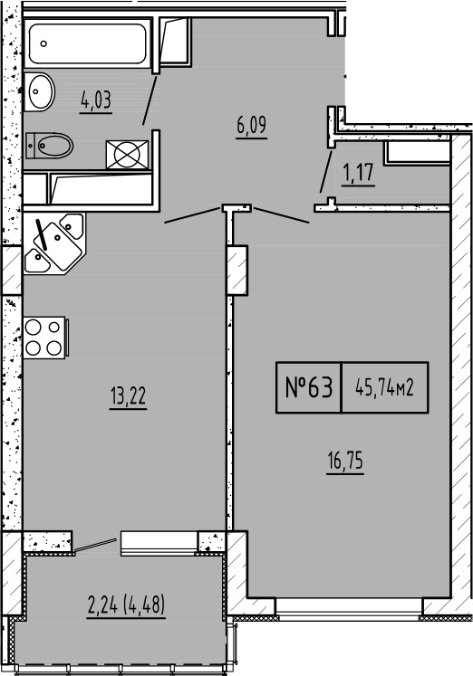 Планировка — Гриновский, 1-комн., 41 м²