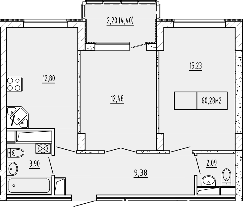 Планировка — Гриновский, 2-комн., 56 м²