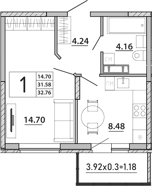 Планировка — Любимый дом. СЗ СтройГрупп, 1-комн., 32 м²