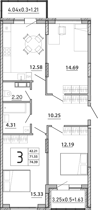 Планировка — Любимый дом. СЗ СтройГрупп, 3-комн., 72 м²