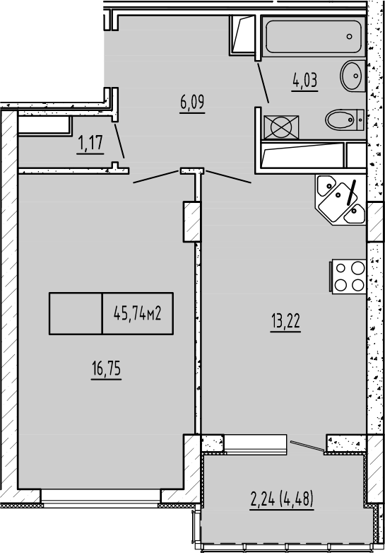 Планировка — Гриновский, 1-комн., 41 м²