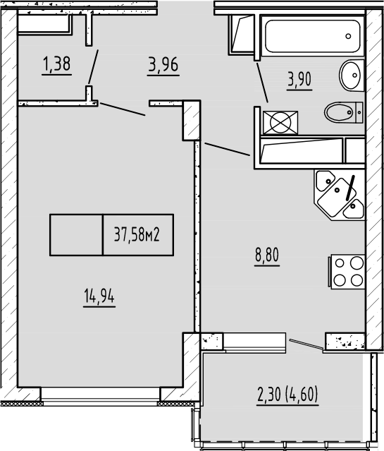 Планировка — Гриновский, 1-комн., 33 м²
