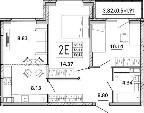Планировка — Любимый дом. СЗ СтройГрупп, 3-комн., 55 м²