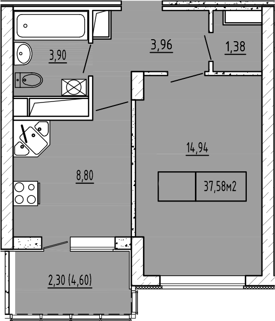 Планировка — Гриновский, 1-комн., 33 м²