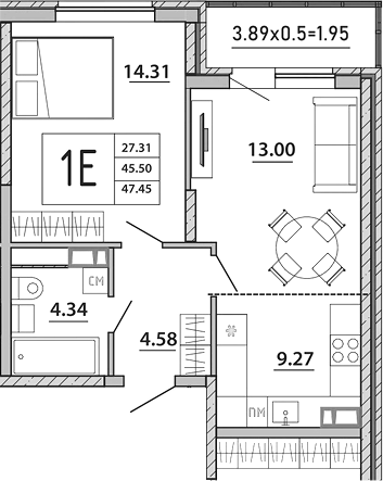 Планировка — Любимый дом. СЗ СтройГрупп, 2-комн., 46 м²