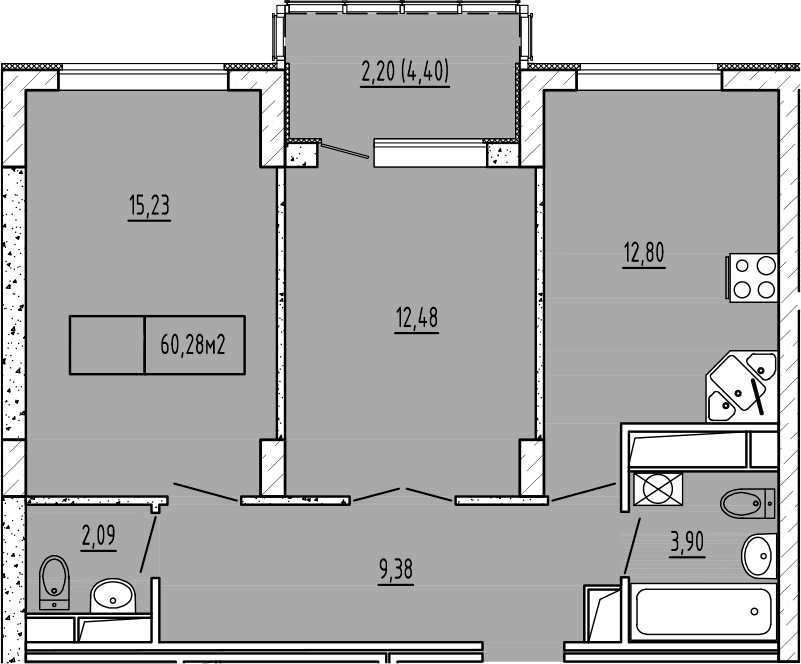 Планировка — Гриновский, 2-комн., 56 м²