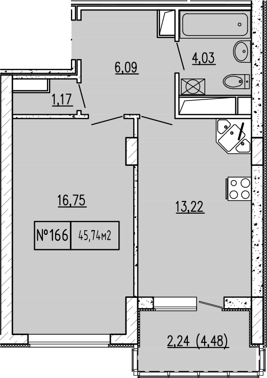 Планировка — Гриновский, 1-комн., 41 м²