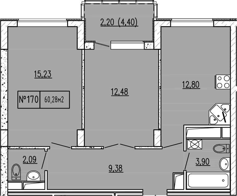Планировка — Гриновский, 2-комн., 56 м²