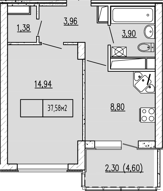 Планировка — Гриновский, 1-комн., 33 м²