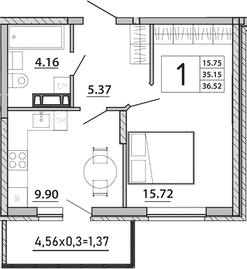 Планировка — Любимый дом. СЗ СтройГрупп, 1-комн., 35 м²