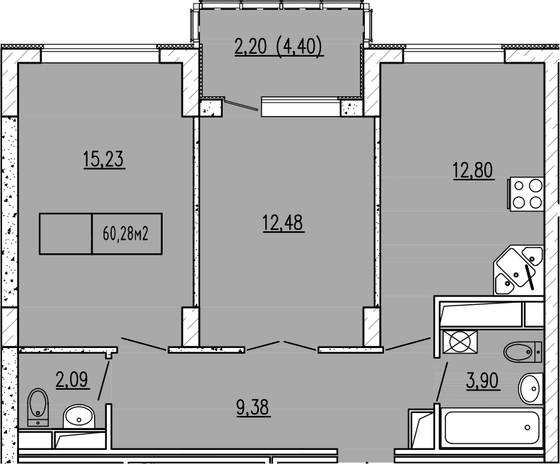 Планировка — Гриновский, 2-комн., 56 м²