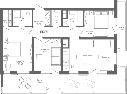 Планировка — Крымская Резиденция, 4-комн., 68 м²