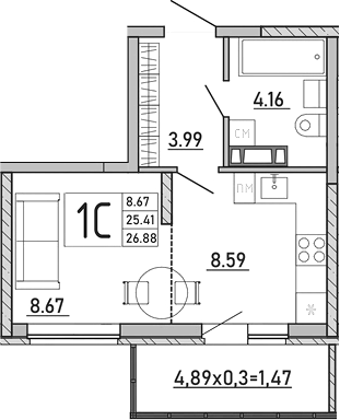 Планировка — Любимый дом. СЗ СтройГрупп, Студия, 25 м²
