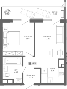Планировка — Крымская Резиденция, 2-комн., 36 м²