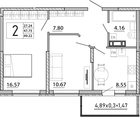 Планировка — Любимый дом. СЗ СтройГрупп, 2-комн., 48 м²