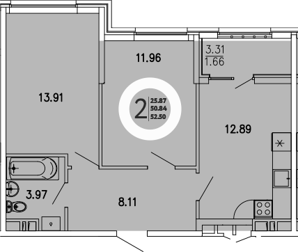 Планировка — Просторы Крыма, 2-комн., 51 м²