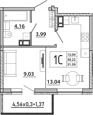 Планировка — Любимый дом. СЗ СтройГрупп, Студия, 30 м²