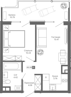 Планировка — Крымская Резиденция, 2-комн., 36 м²