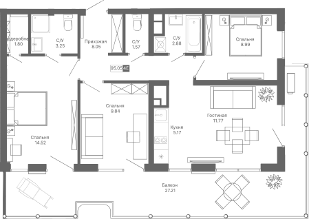Планировка — Крымская Резиденция, 4-комн., 68 м²