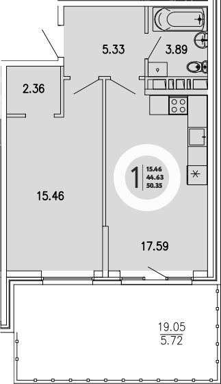 Планировка — Просторы Крыма, 1-комн., 45 м²