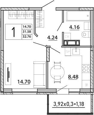 Планировка — Любимый дом. СЗ СтройГрупп, 1-комн., 32 м²