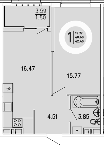 Планировка — Просторы Крыма, 1-комн., 41 м²