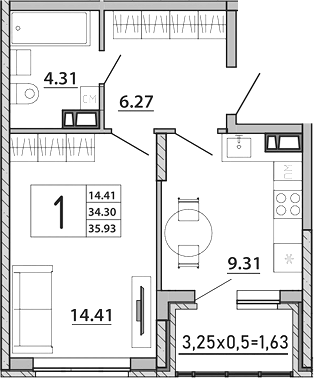 Планировка — Любимый дом. СЗ СтройГрупп, 1-комн., 34 м²