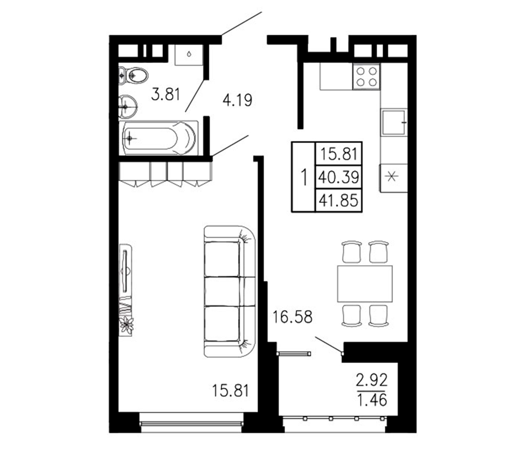 Планировка — Просторы Крыма, 1-комн., 40 м²
