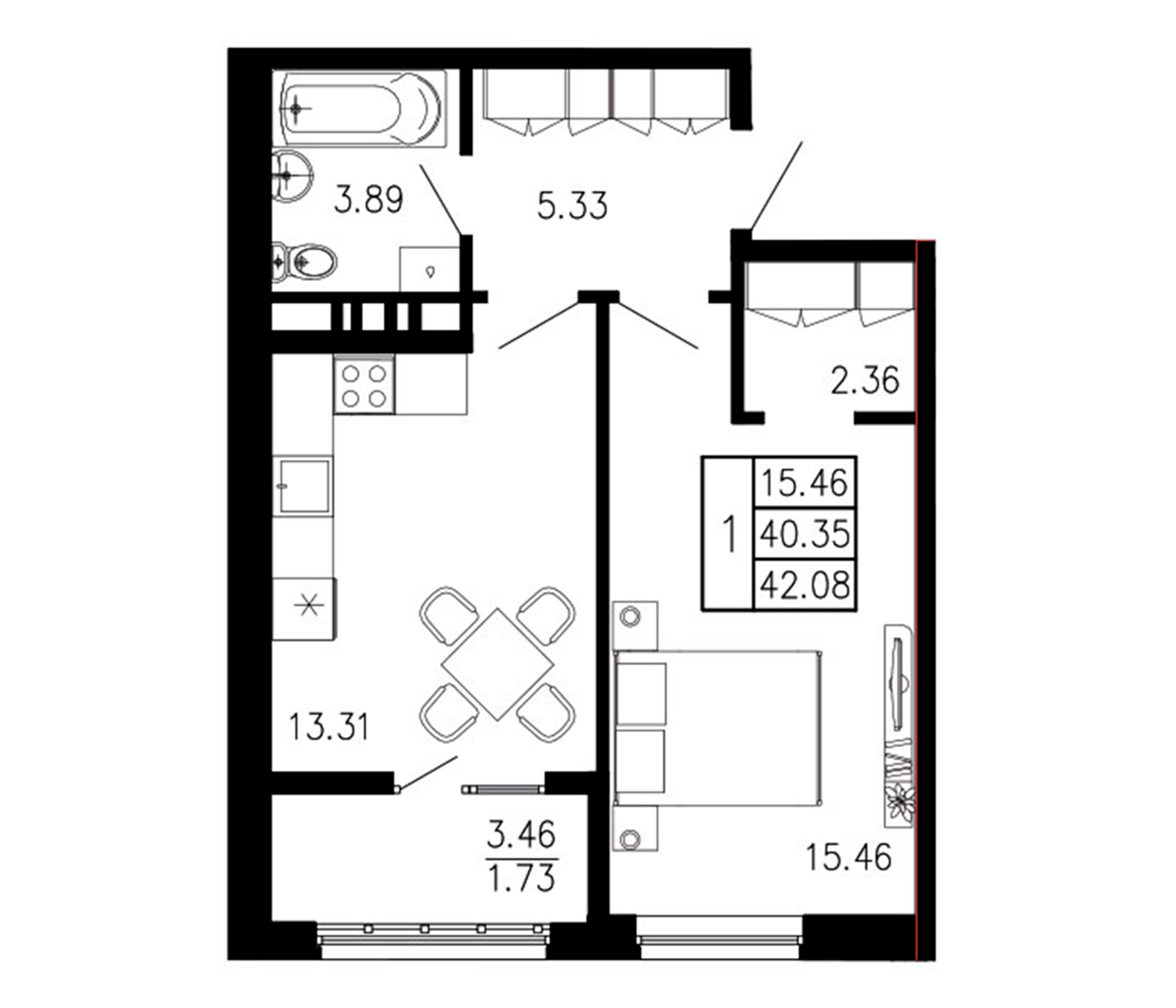 Планировка — Просторы Крыма, 1-комн., 40 м²