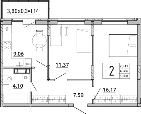 Планировка — Любимый дом. СЗ СтройГрупп, 2-комн., 49 м²