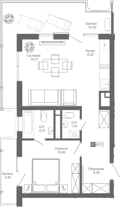 Планировка — Крымская Резиденция, 2-комн., 45 м²