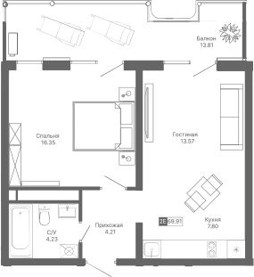 Планировка — Крымская Резиденция, 2-комн., 46 м²