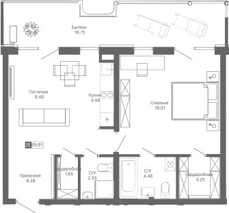 Планировка — Крымская Резиденция, 2-комн., 53 м²