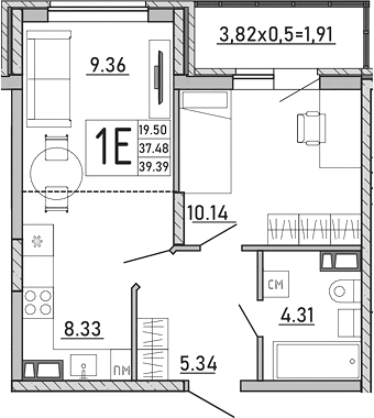 Планировка — Любимый дом. СЗ СтройГрупп, 2-комн., 37 м²