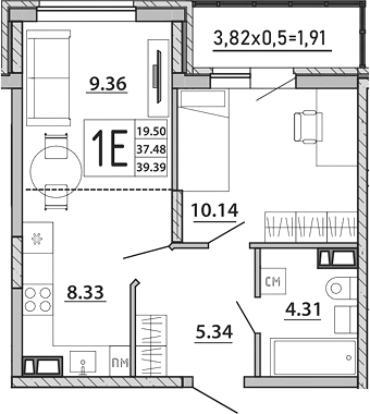 Планировка — Любимый дом. СЗ СтройГрупп, 2-комн., 37 м²