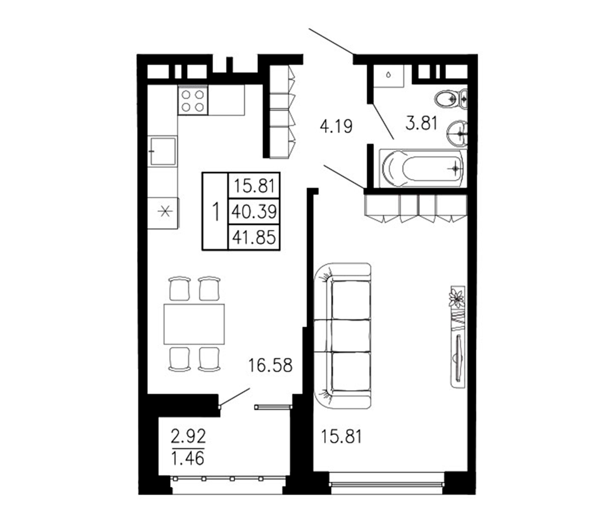 Планировка — Просторы Крыма, 1-комн., 40 м²