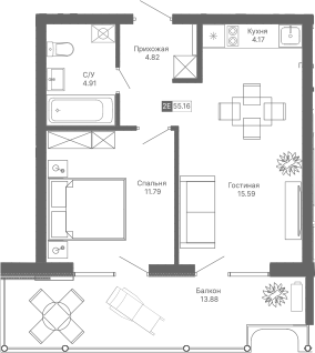 Планировка — Крымская Резиденция, 2-комн., 41 м²