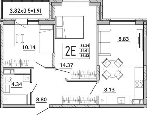 Планировка — Любимый дом. СЗ СтройГрупп, 3-комн., 55 м²