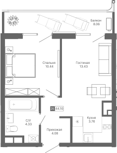 Планировка — Крымская Резиденция, 2-комн., 36 м²