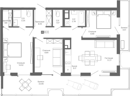 Планировка — Крымская Резиденция, 4-комн., 68 м²