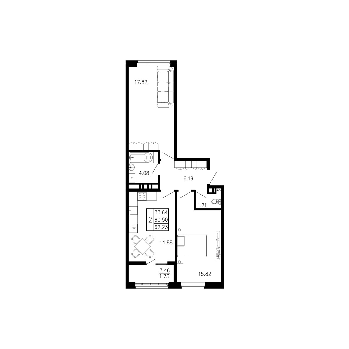 Планировка — Просторы Крыма, 2-комн., 61 м²