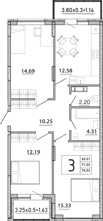 Планировка — Любимый дом. СЗ СтройГрупп, 3-комн., 72 м²