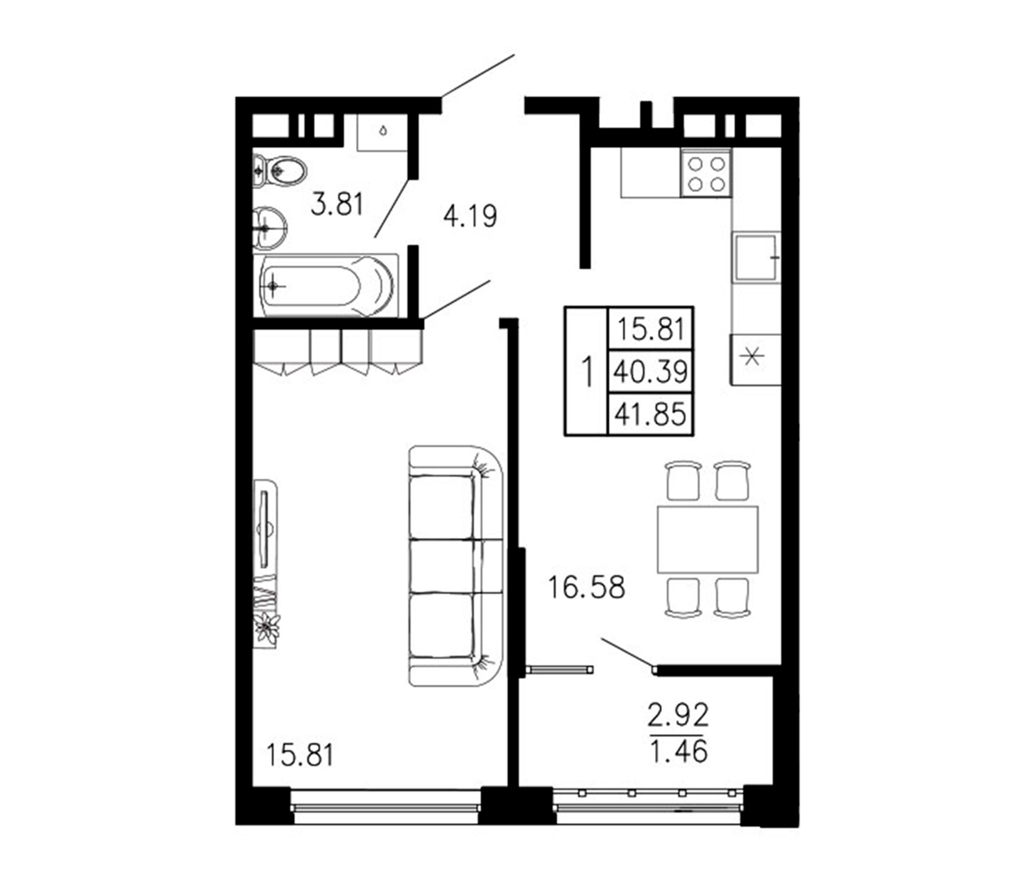 Планировка — Просторы Крыма, 1-комн., 40 м²