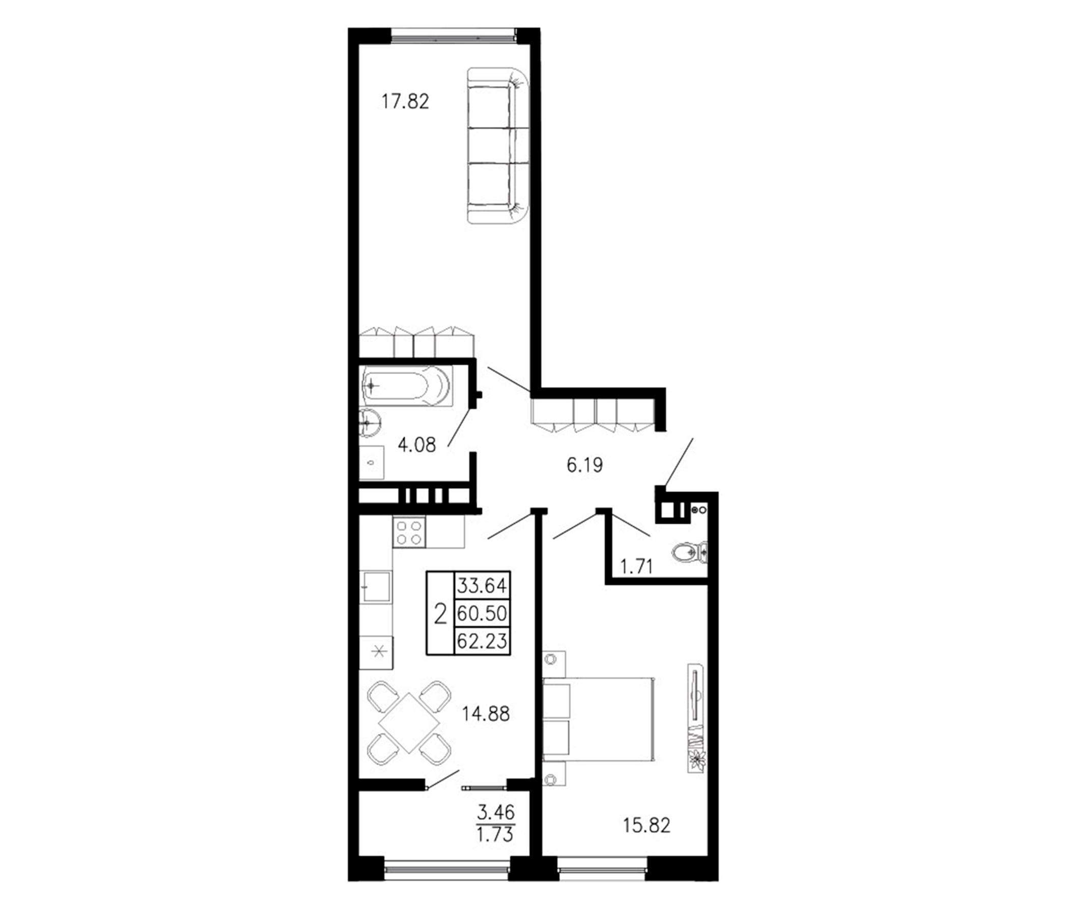 Планировка — Просторы Крыма, 2-комн., 61 м²
