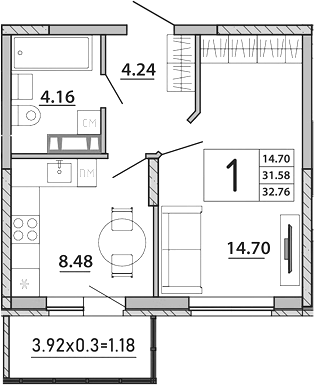 Планировка — Любимый дом. СЗ СтройГрупп, 1-комн., 32 м²