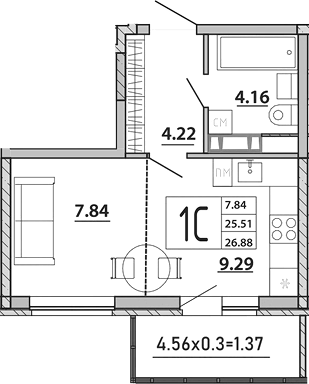 Планировка — Любимый дом. СЗ СтройГрупп, Студия, 26 м²