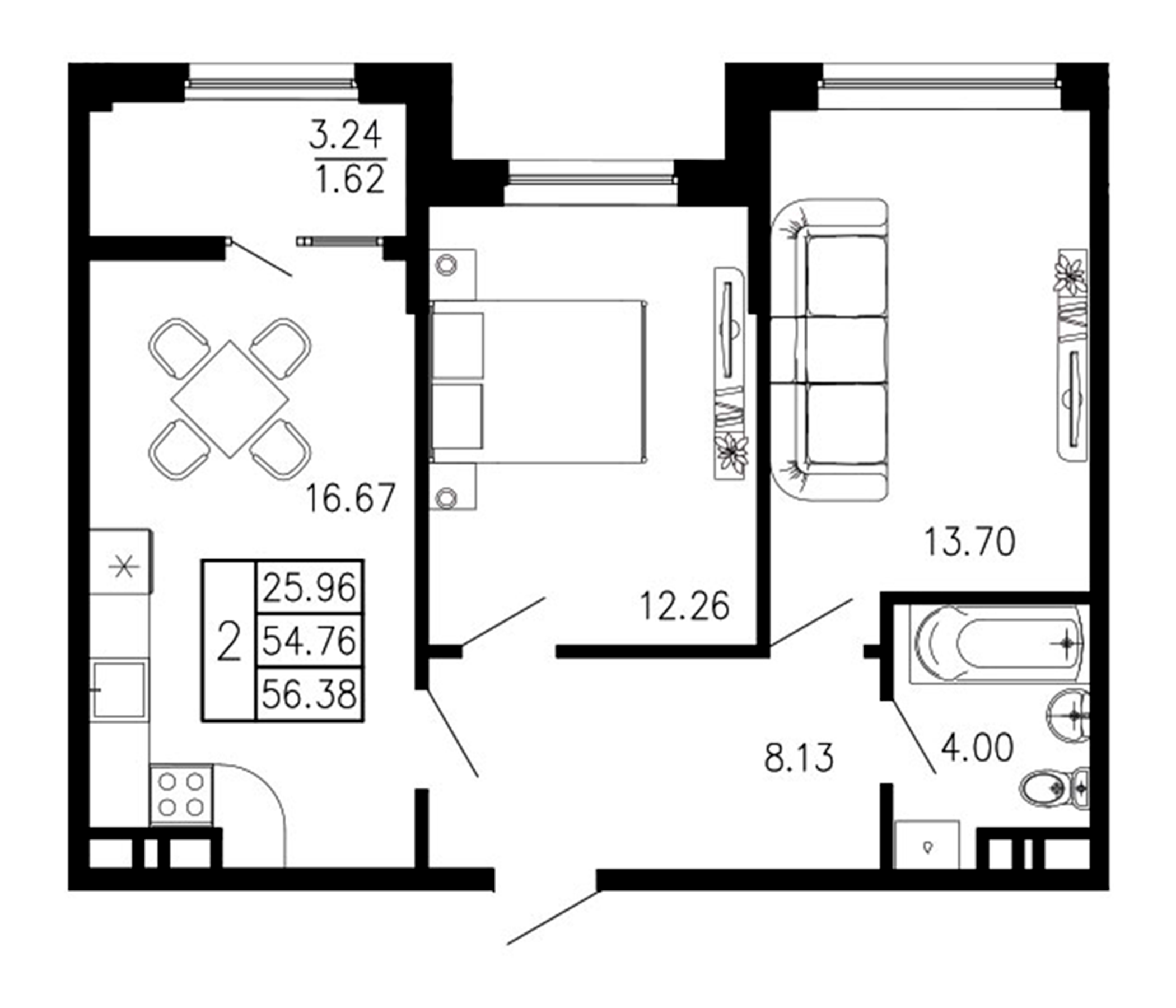 Планировка — Просторы Крыма, 2-комн., 55 м²