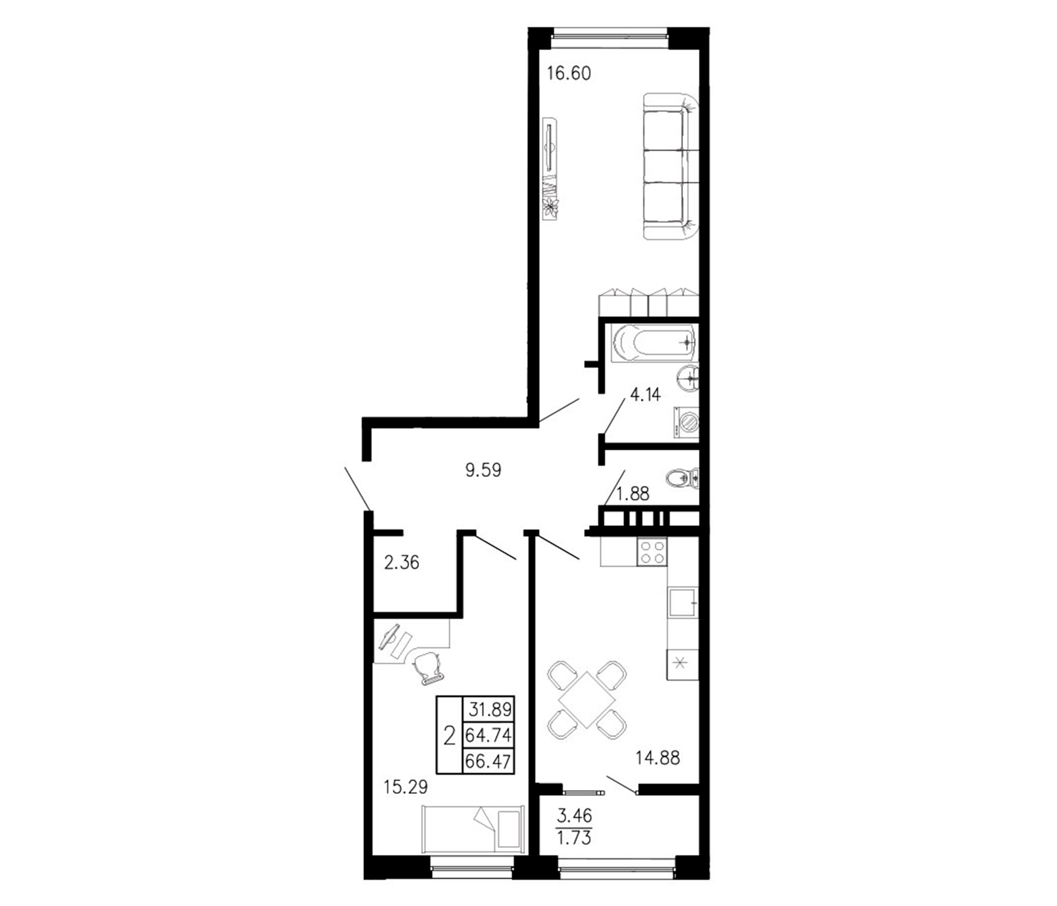 Планировка — Просторы Крыма, 2-комн., 65 м²