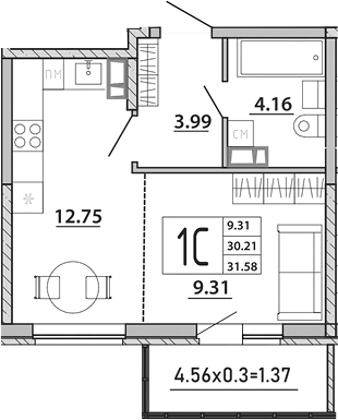 Планировка — Любимый дом. СЗ СтройГрупп, Студия, 30 м²