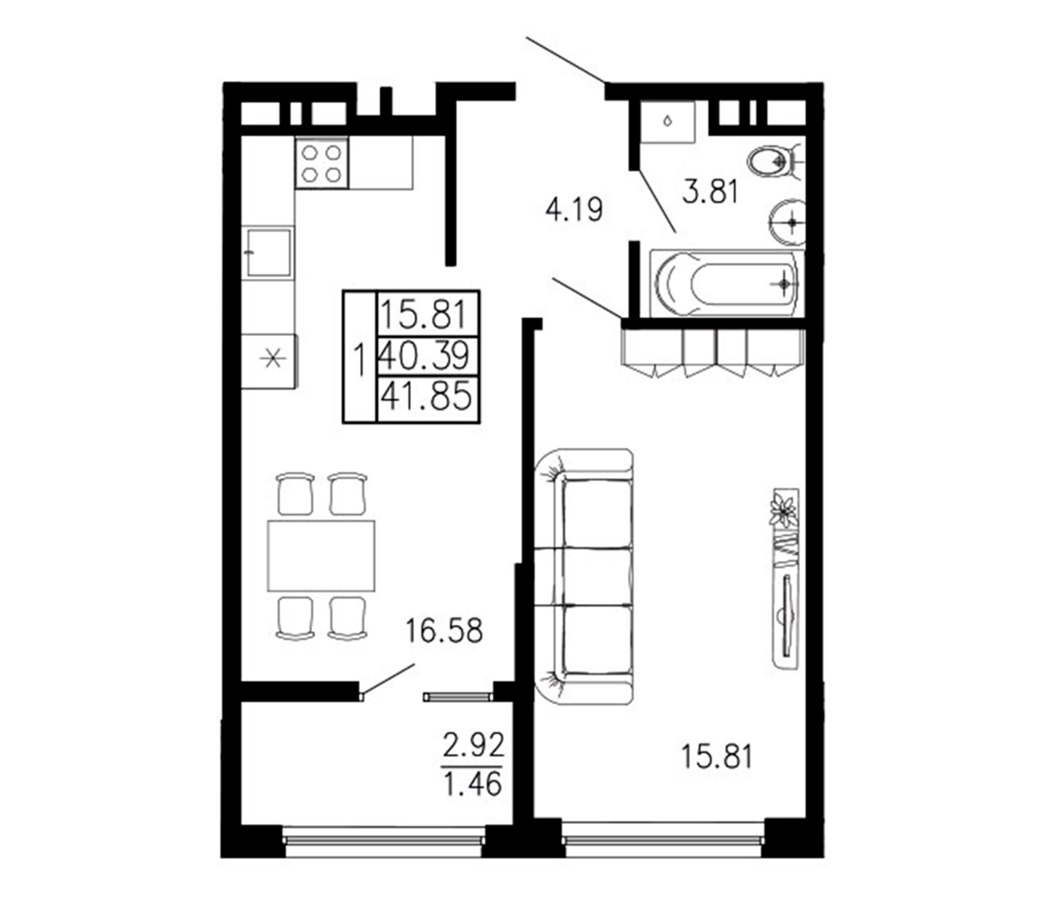 Планировка — Просторы Крыма, 1-комн., 40 м²